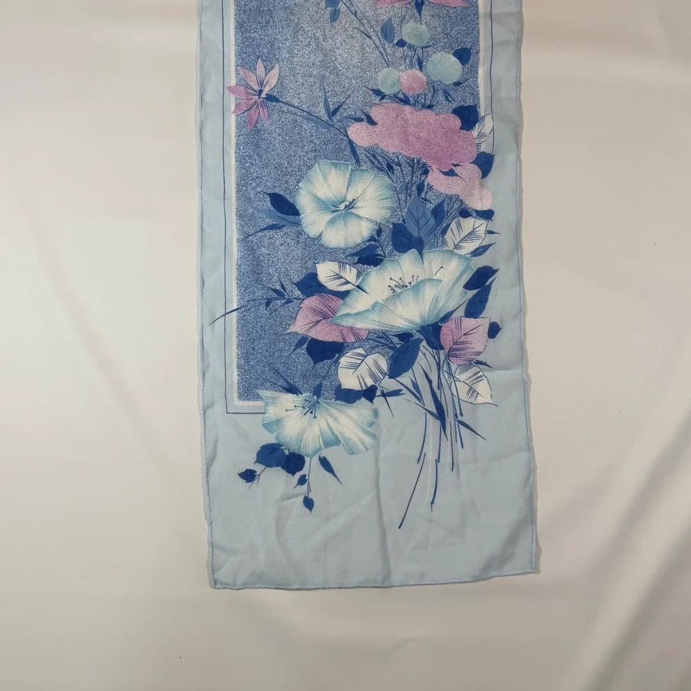 VTG Floral Scarf Silken Polyester by Birkshire Blue Pink 54x12 Cottagecore Retro
